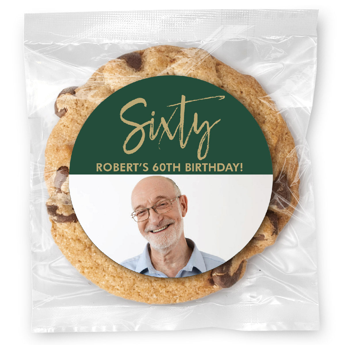 Cursive Sixty Birthday Photo - Gourmet Chocolate Chip Or Variety Pack W/ Full Color Personalized Sticker