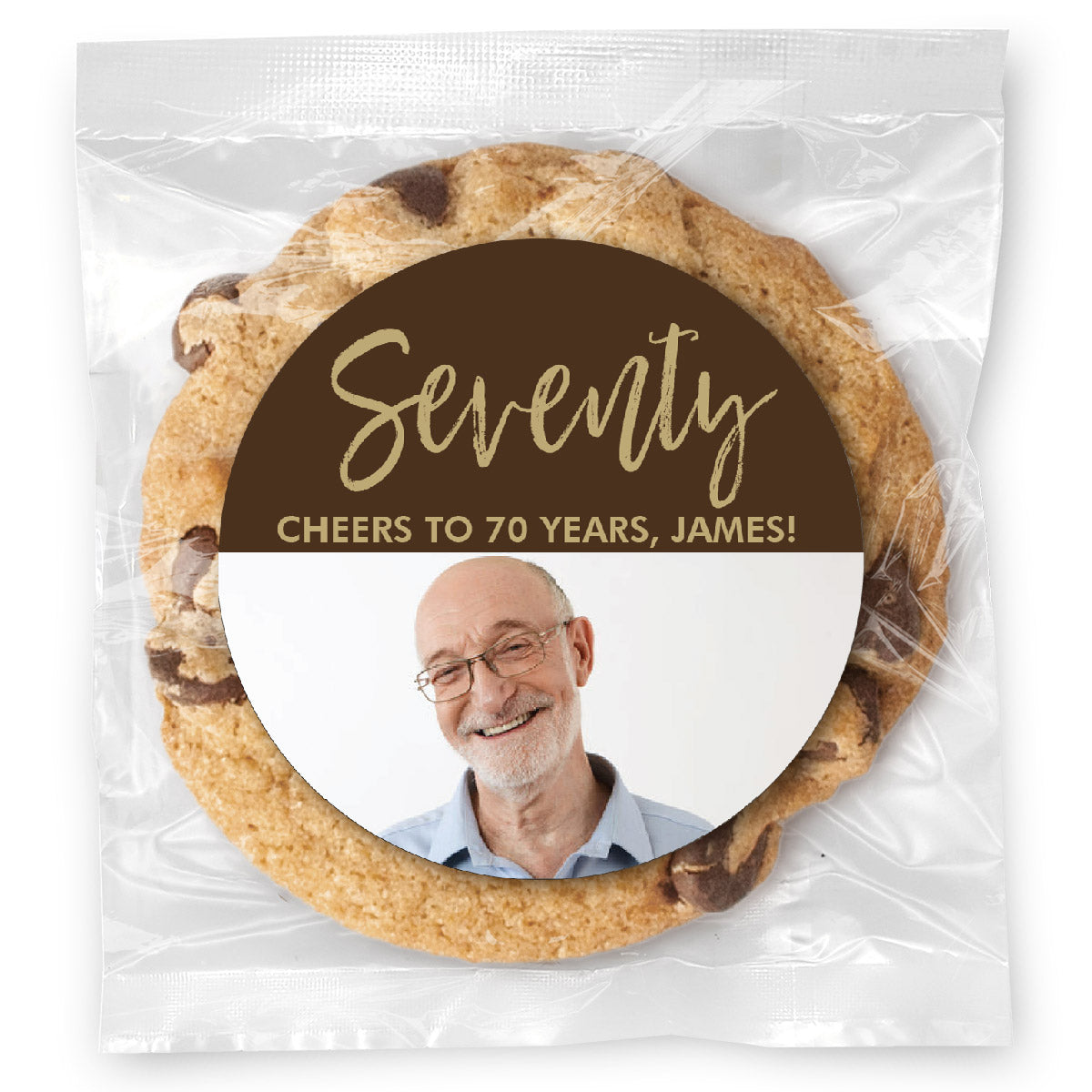 Cursive Seventy Birthday Photo - Gourmet Chocolate Chip Or Variety Pack W/ Full Color Personalized Sticker