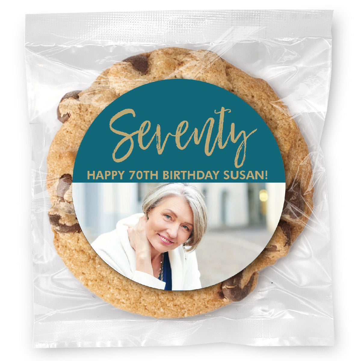 Cursive Seventy Birthday Photo - Gourmet Chocolate Chip Or Variety Pack W/ Full Color Personalized Sticker