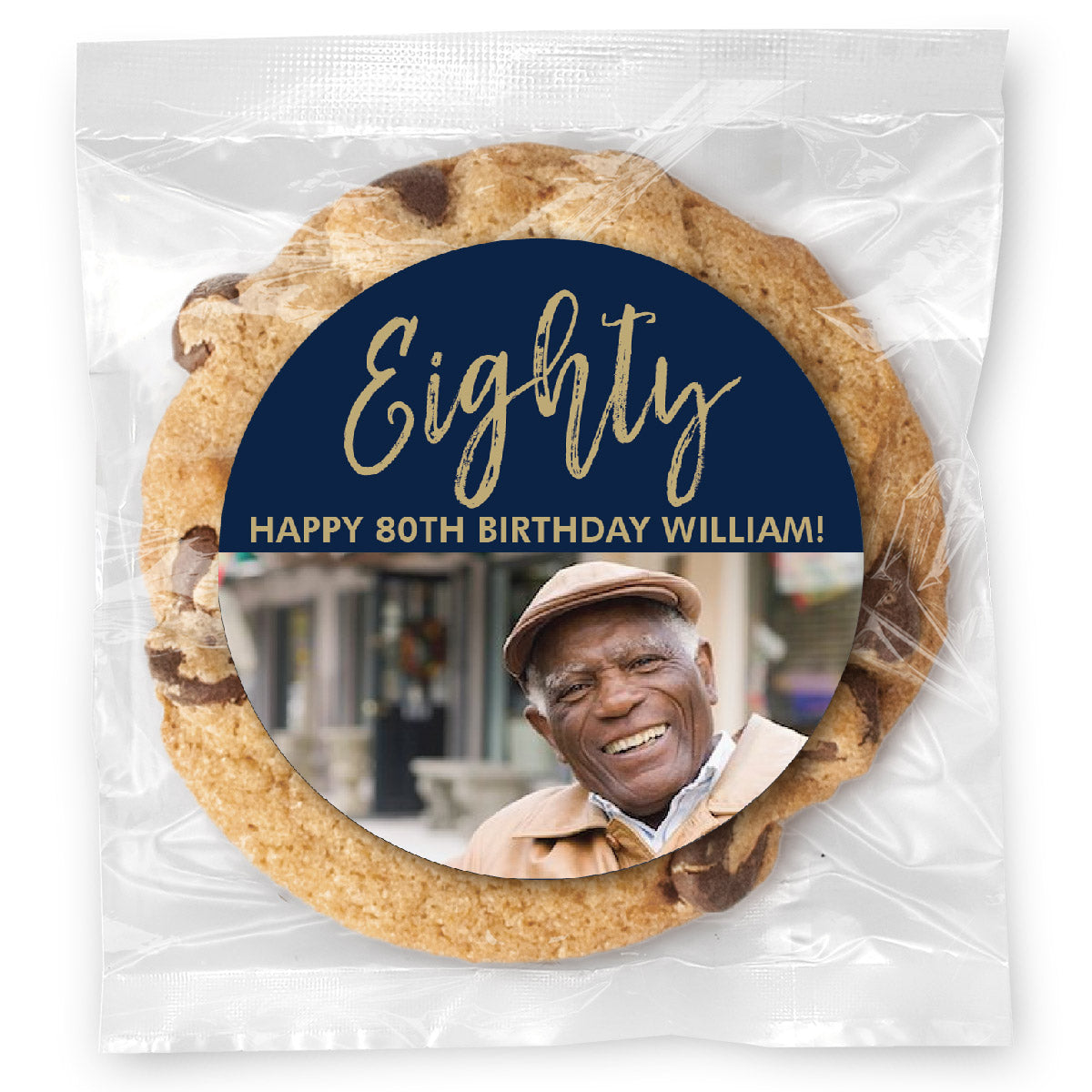 Cursive Eighty Birthday Photo - Gourmet Chocolate Chip Or Variety Pack W/ Full Color Personalized Sticker