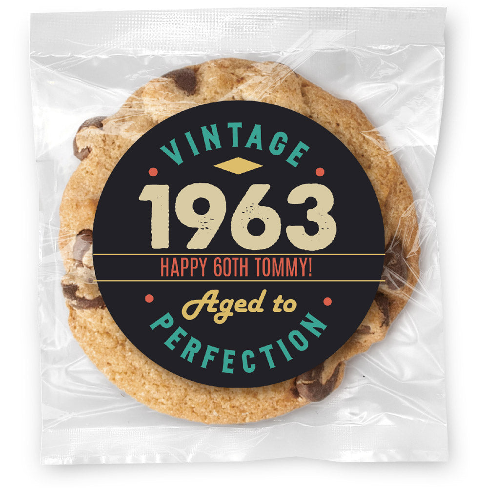 Vintage Aged to Perfection - 60 - Gourmet Chocolate Chip Or Variety Pack W/ Full Color Personalized Sticker