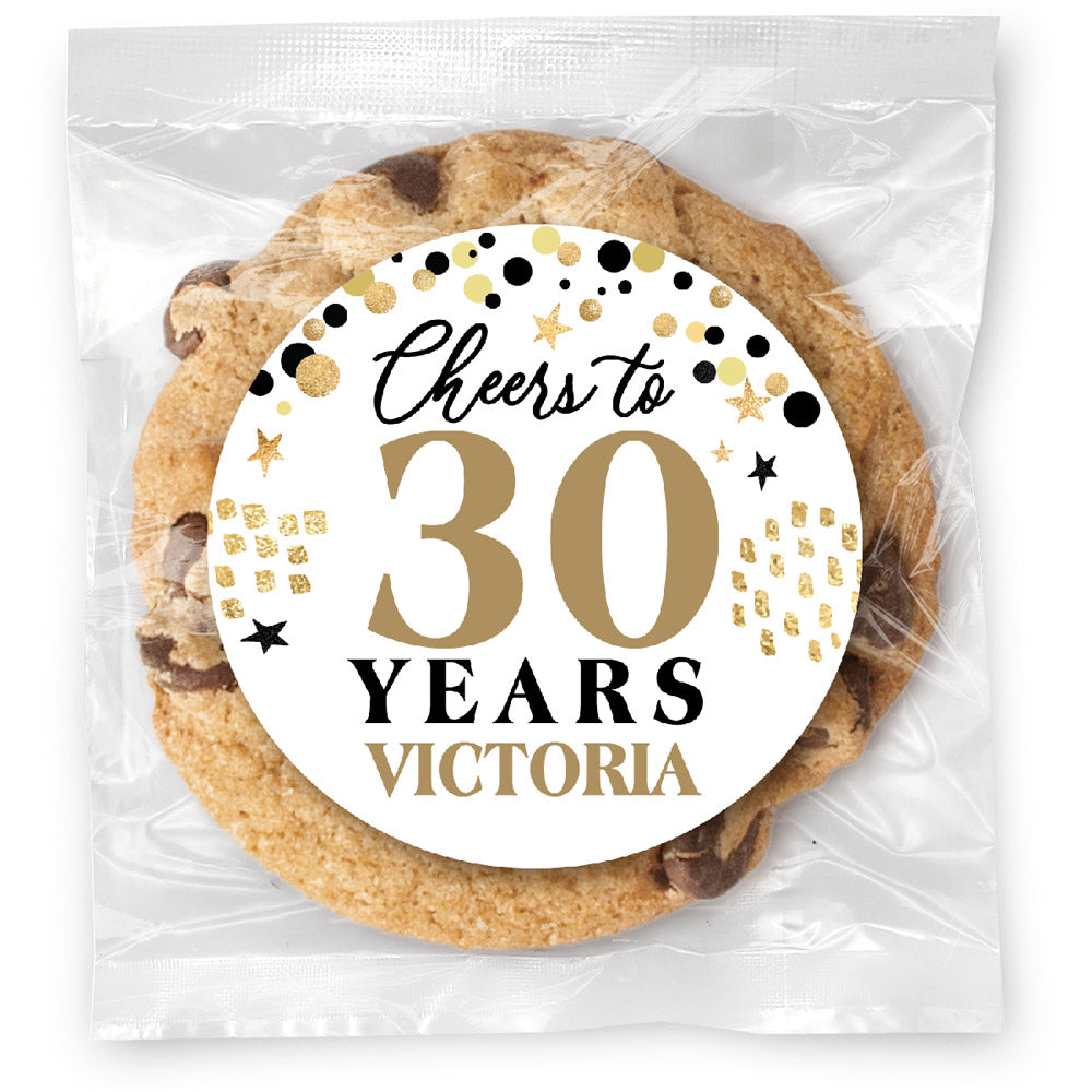 Cheers to "X" Years - 30 (any age) - Gourmet Chocolate Chip Or Variety Pack W/ Full Color Personalized Sticker