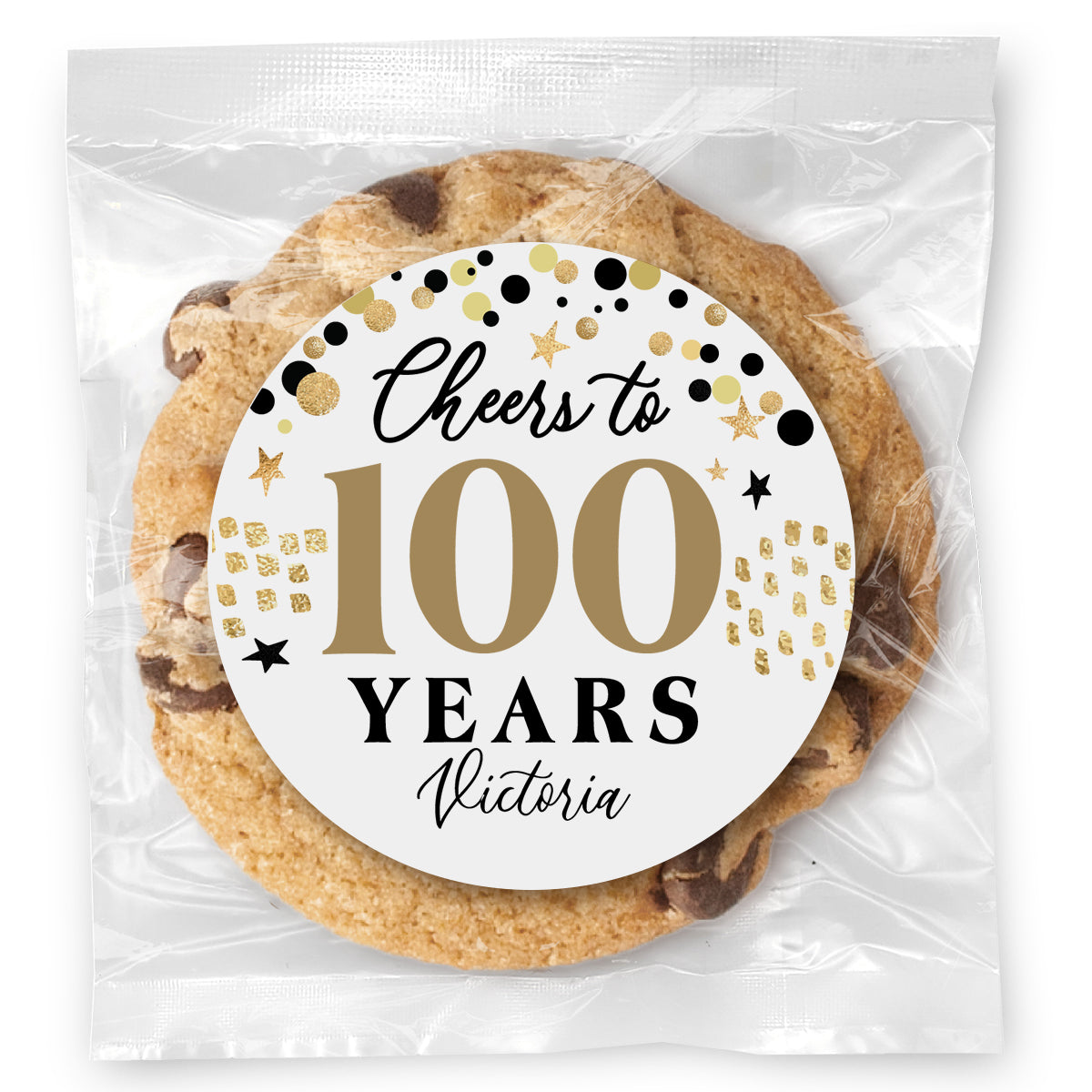 Cheers to "X" Years - 100 (any age) - Gourmet Chocolate Chip Or Variety Pack W/ Full Color Personalized Sticker