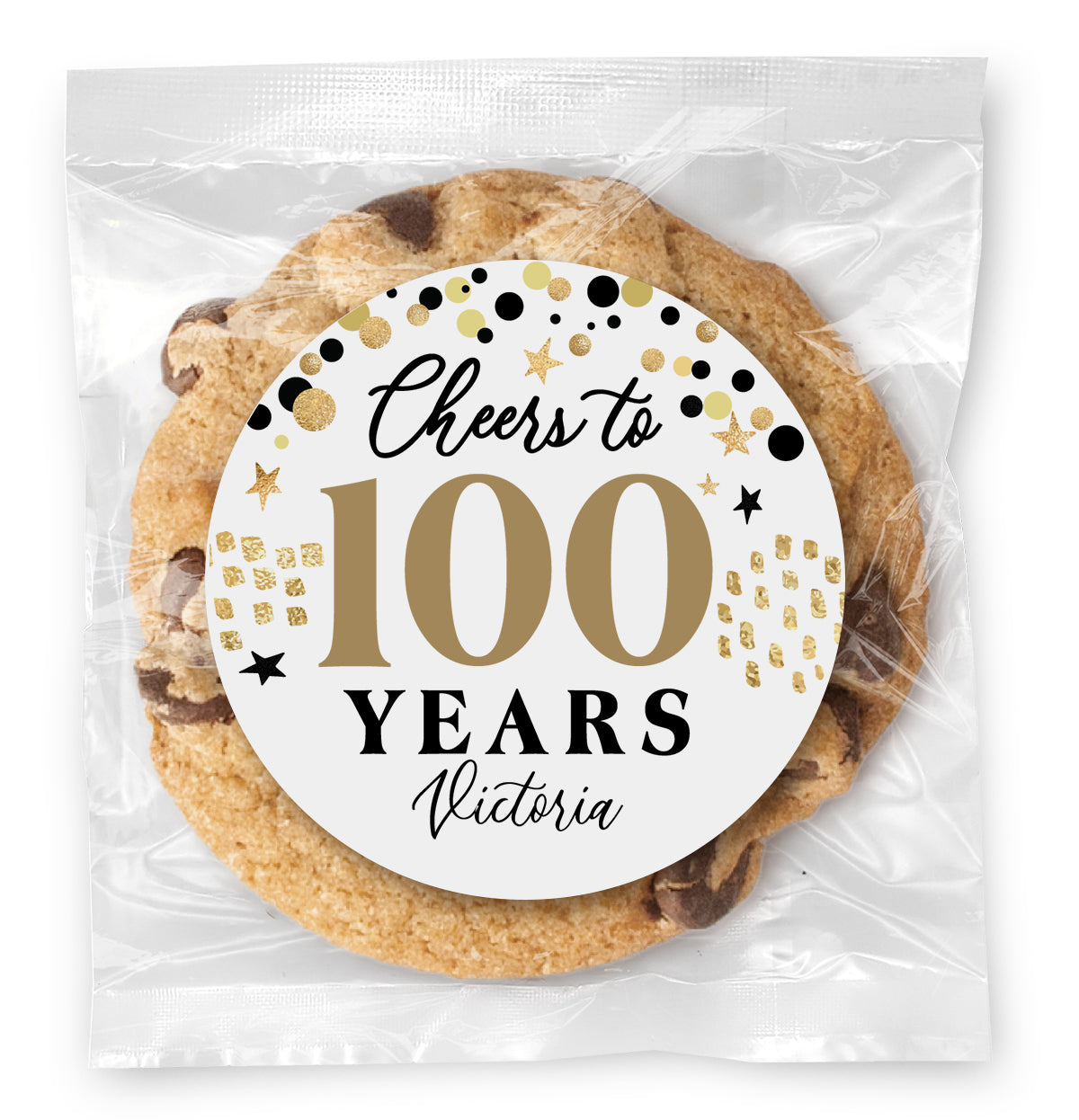 Cheers to "X" Years - 100 (any age) - Gourmet Chocolate Chip Or Variety Pack W/ Full Color Personalized Sticker
