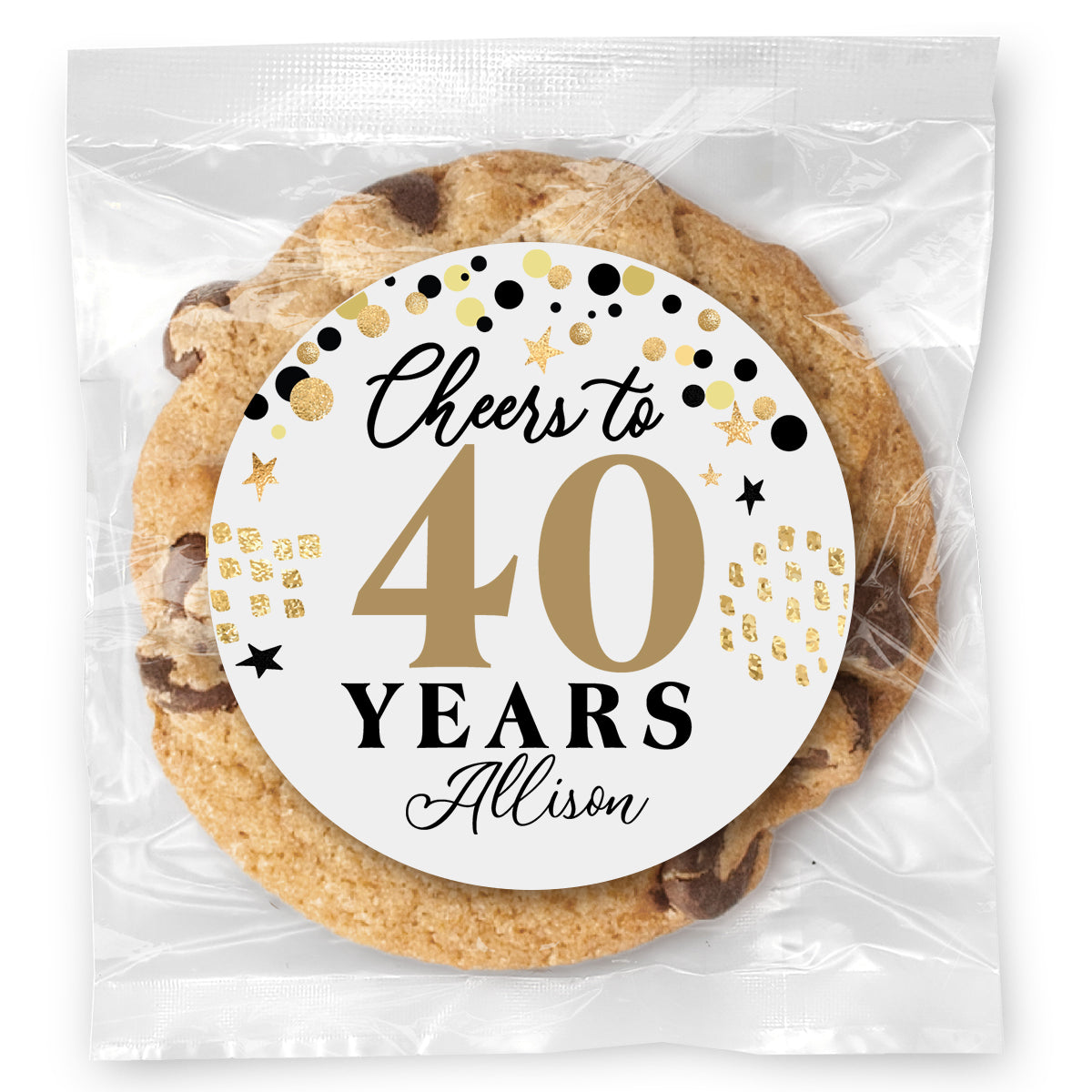 Cheers to "X" Years - 40 (any age) - Gourmet Chocolate Chip Or Variety Pack W/ Full Color Personalized Sticker
