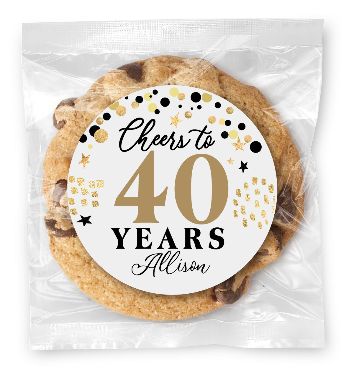 Cheers to "X" Years - 40 (any age) - Gourmet Chocolate Chip Or Variety Pack W/ Full Color Personalized Sticker