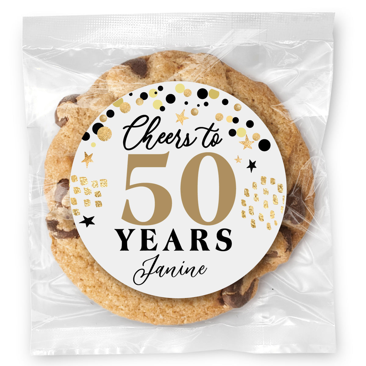 Birthday Cheers to "X" Years - 50 (any age) - Gourmet Chocolate Chip Or Variety Pack W/ Full Color Personalized Sticker
