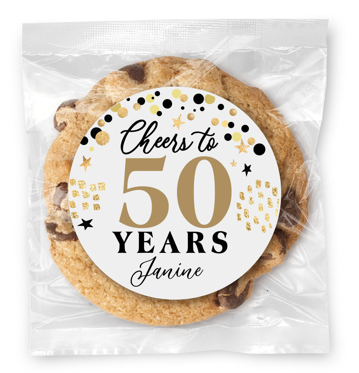 Birthday Cheers to "X" Years - 50 (any age) - Gourmet Chocolate Chip Or Variety Pack W/ Full Color Personalized Sticker