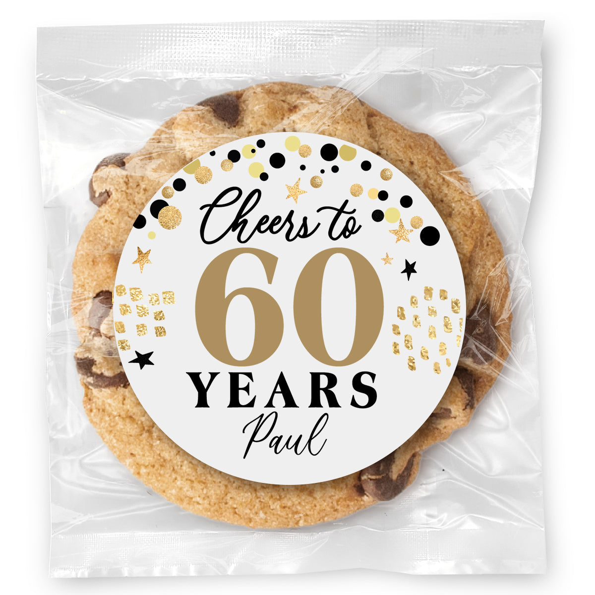 Cheers to "X" Years - 60 (any age) - Gourmet Chocolate Chip Or Variety Pack W/ Full Color Personalized Sticker