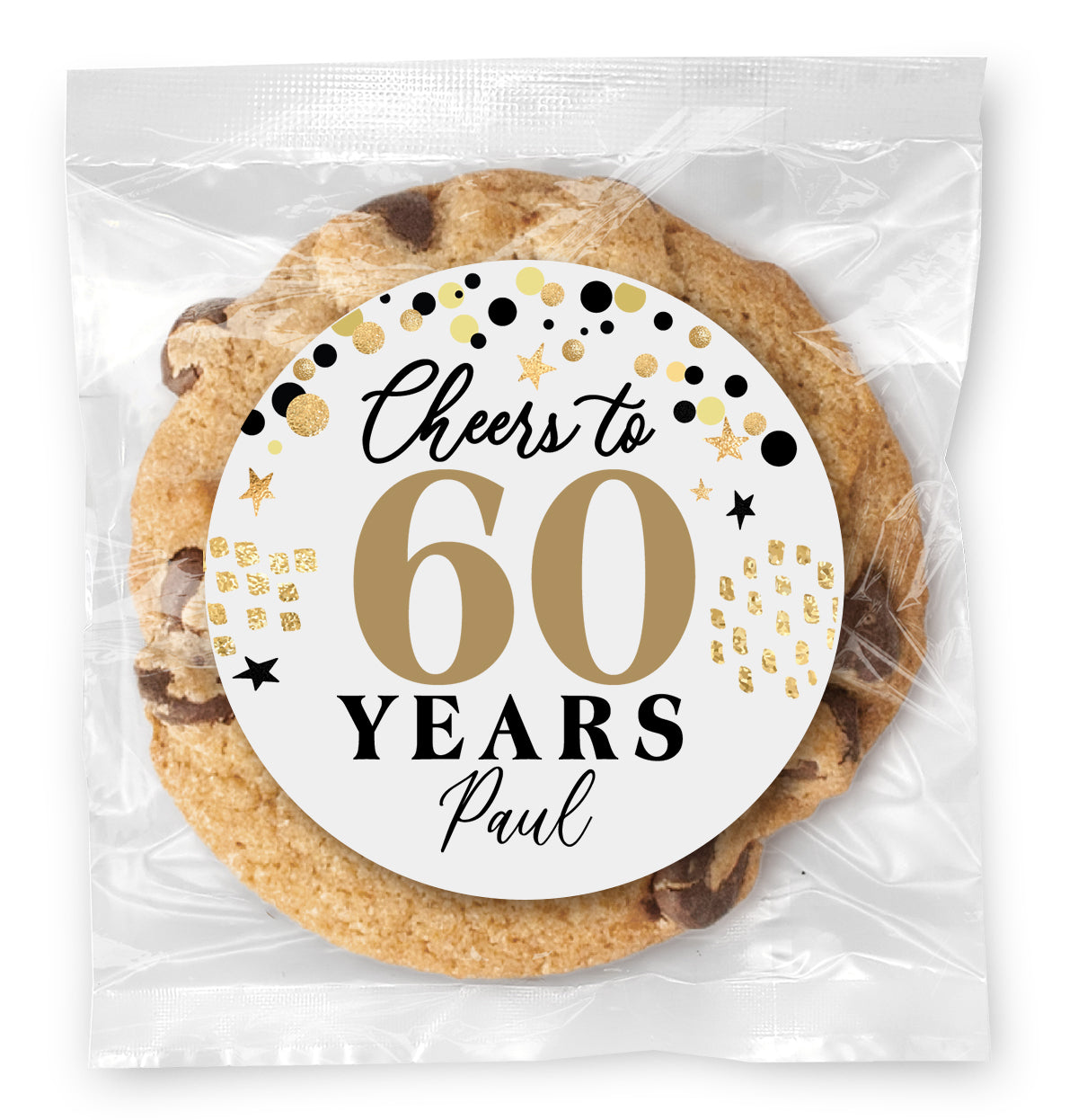 Cheers to "X" Years - 60 (any age) - Gourmet Chocolate Chip Or Variety Pack W/ Full Color Personalized Sticker