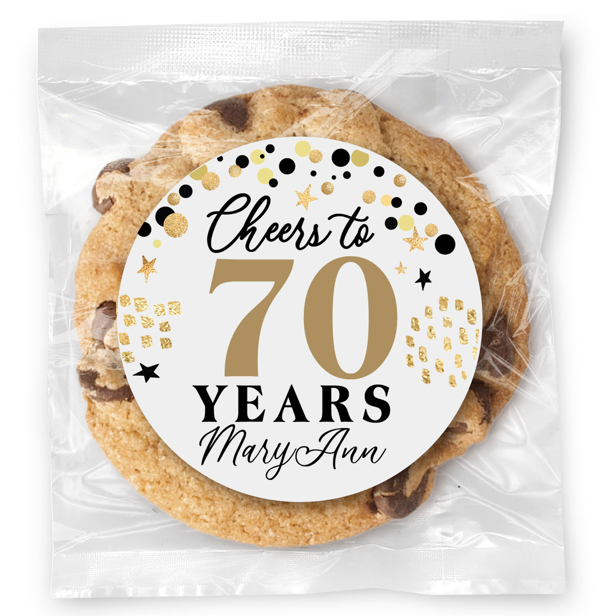 Cheers to "X" Years - 70 (any age) - Gourmet Chocolate Chip Or Variety Pack W/ Full Color Personalized Sticker