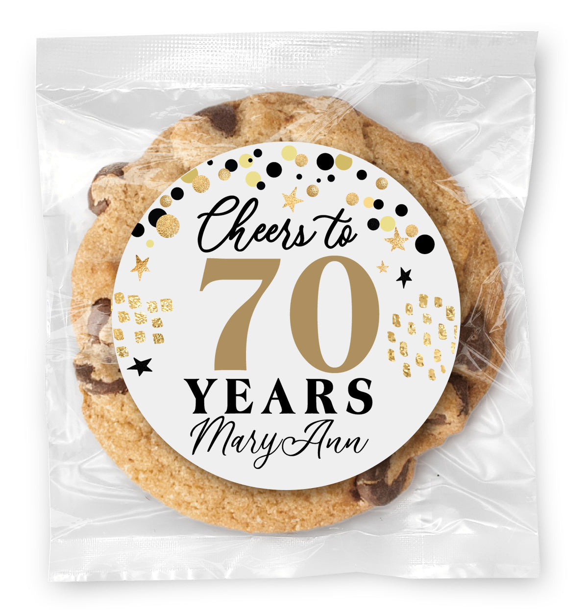 Cheers to "X" Years - 70 (any age) - Gourmet Chocolate Chip Or Variety Pack W/ Full Color Personalized Sticker