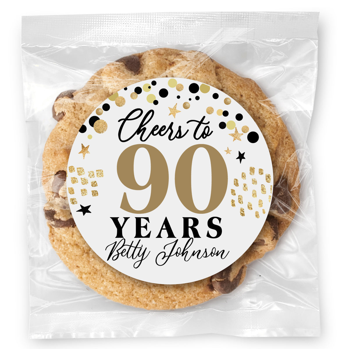 Cheers to "X" Years - 90 (any age) - Gourmet Chocolate Chip Or Variety Pack W/ Full Color Personalized Sticker