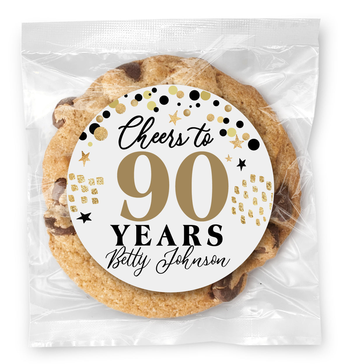 Cheers to "X" Years - 90 (any age) - Gourmet Chocolate Chip Or Variety Pack W/ Full Color Personalized Sticker