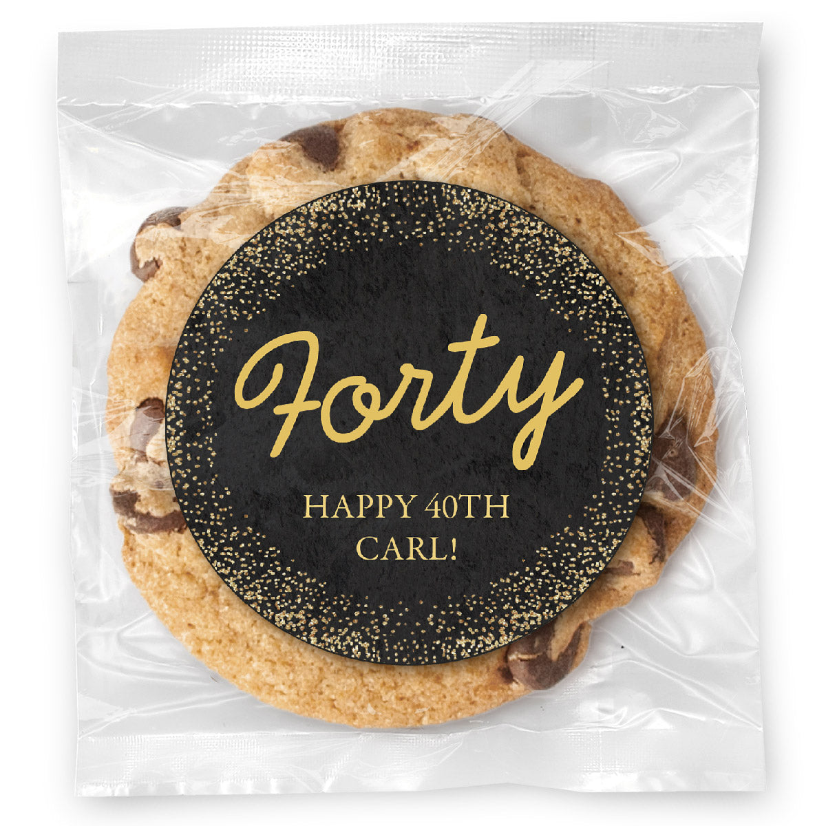 Cursive Forty Gold Age - Gourmet Chocolate Chip Or Variety Pack W/ Full Color Personalized Sticker