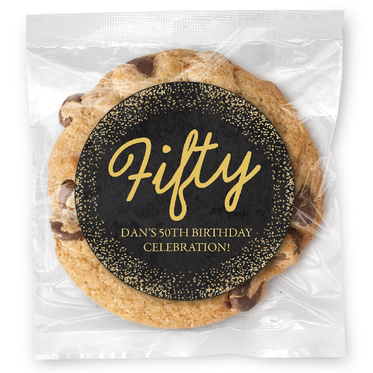 Cursive Fifty Gold Age - Gourmet Chocolate Chip Or Variety Pack W/ Full Color Personalized Sticker
