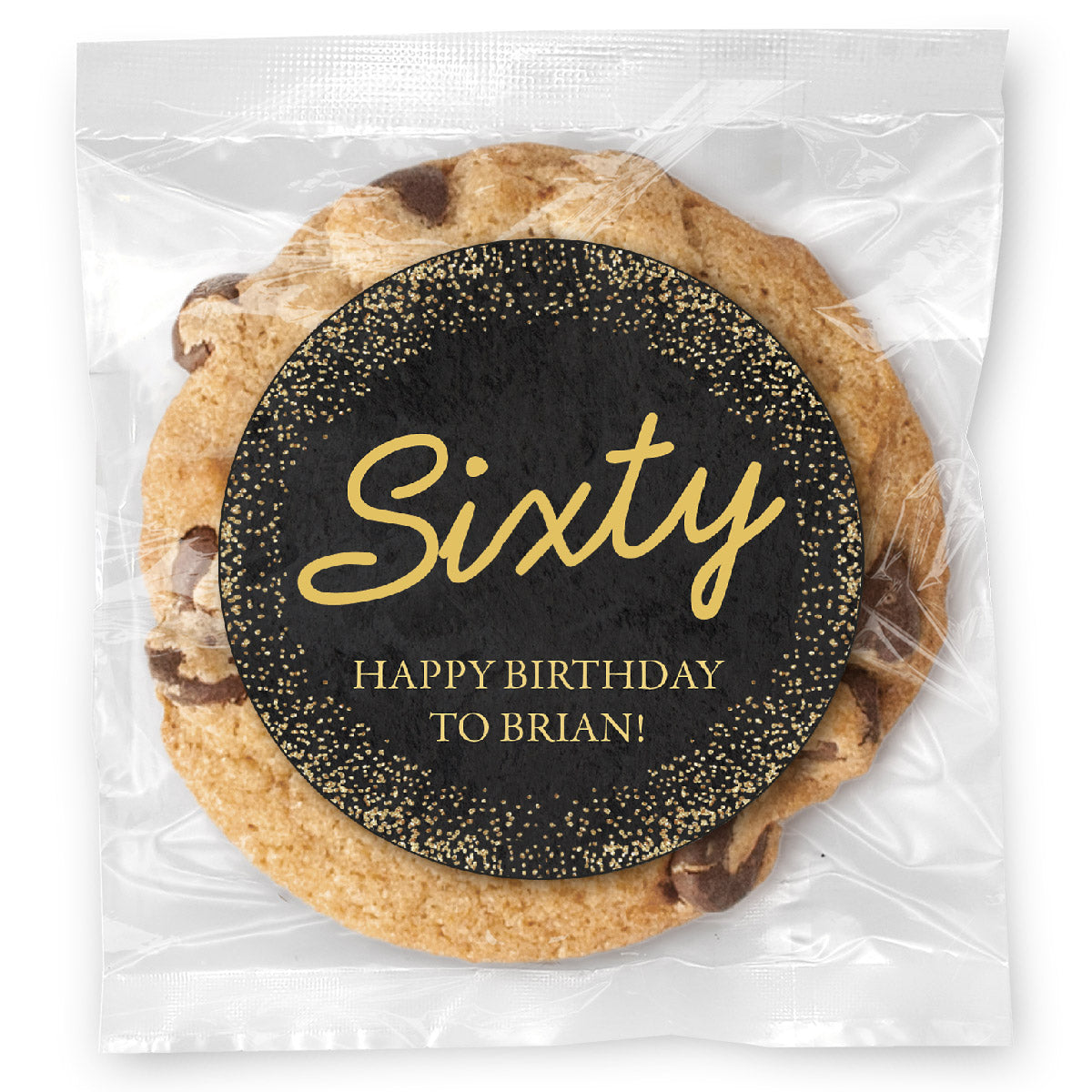 Cursive Sixty Gold Age - Gourmet Chocolate Chip Or Variety Pack W/ Full Color Personalized Sticker