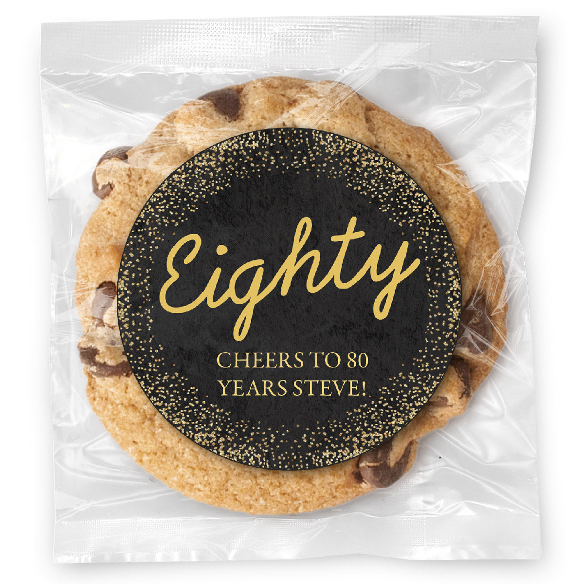 Cursive Eighty Gold Age - Gourmet Chocolate Chip Or Variety Pack W/ Full Color Personalized Sticker