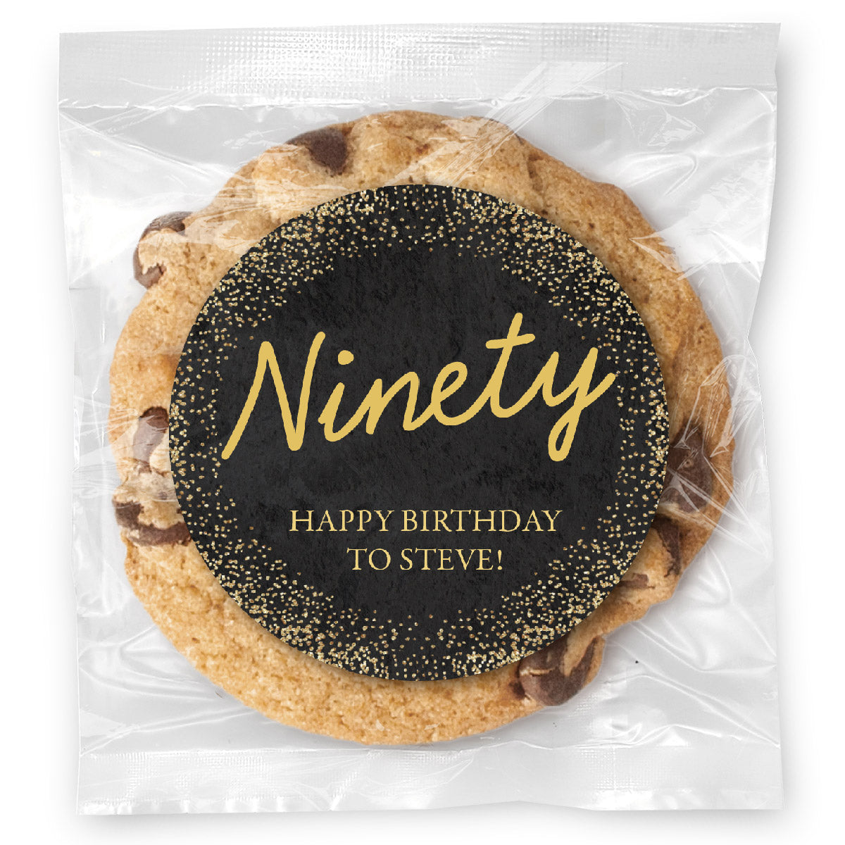 Cursive Ninety Gold Age - Gourmet Chocolate Chip Or Variety Pack W/ Full Color Personalized Sticker