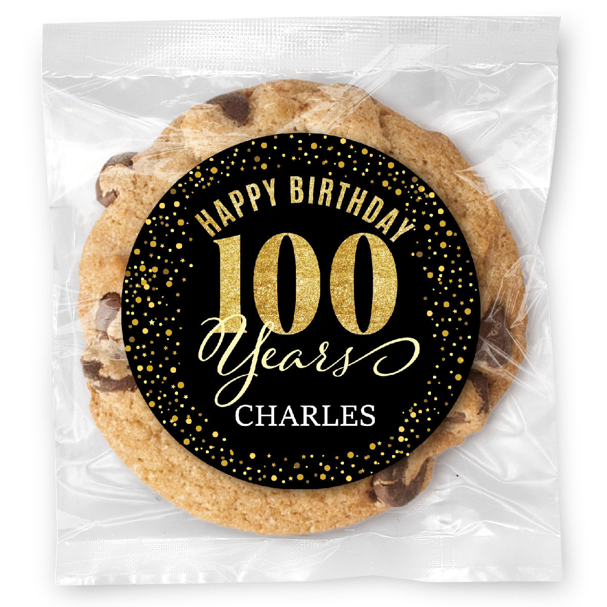 Happy Birthday Gold Age 100 (any age) - Gourmet Chocolate Chip Or Variety Pack W/ Full Color Personalized Sticker
