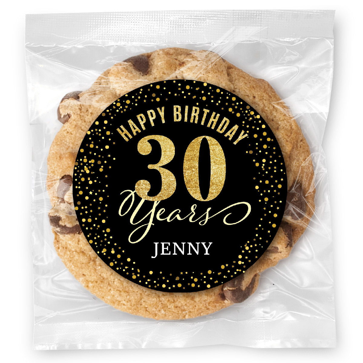 Happy Birthday Gold Age 30 (any age) - Gourmet Chocolate Chip Or Variety Pack W/ Full Color Personalized Sticker