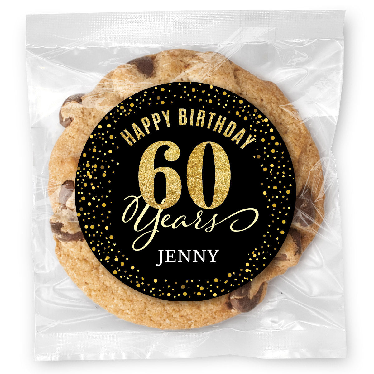 Happy Birthday Gold Age 60 (any age) - Gourmet Chocolate Chip Or Variety Pack W/ Full Color Personalized Sticker