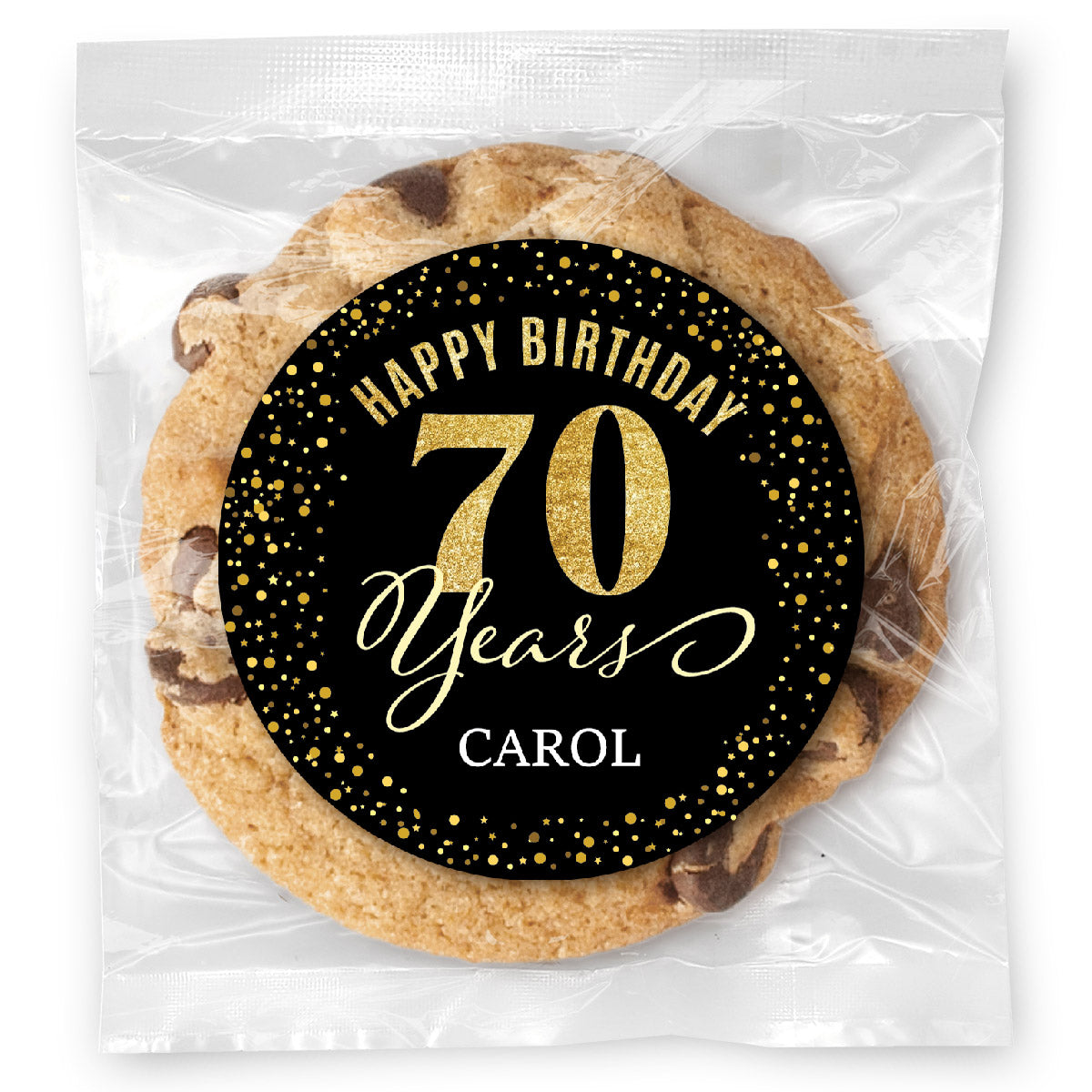 Happy Birthday Gold Age 70 (any age) - Gourmet Chocolate Chip Or Variety Pack W/ Full Color Personalized Sticker
