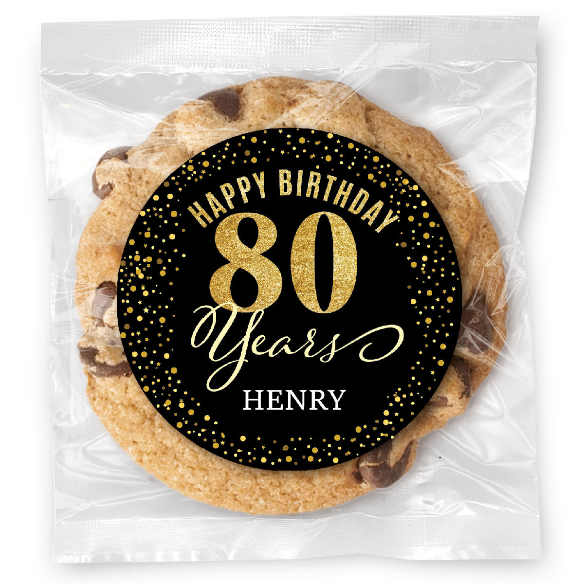 Happy Birthday Gold Age 80 (any age) - Gourmet Chocolate Chip Or Variety Pack W/ Full Color Personalized Sticker