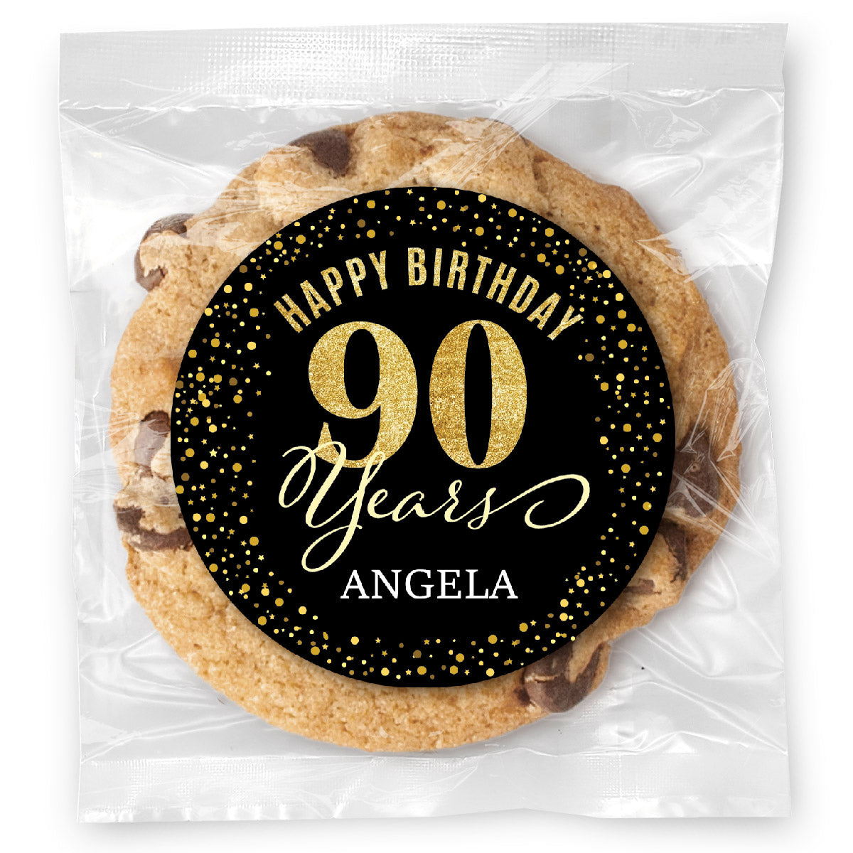 Happy Birthday Gold Age 90 (any age) - Gourmet Chocolate Chip Or Variety Pack W/ Full Color Personalized Sticker