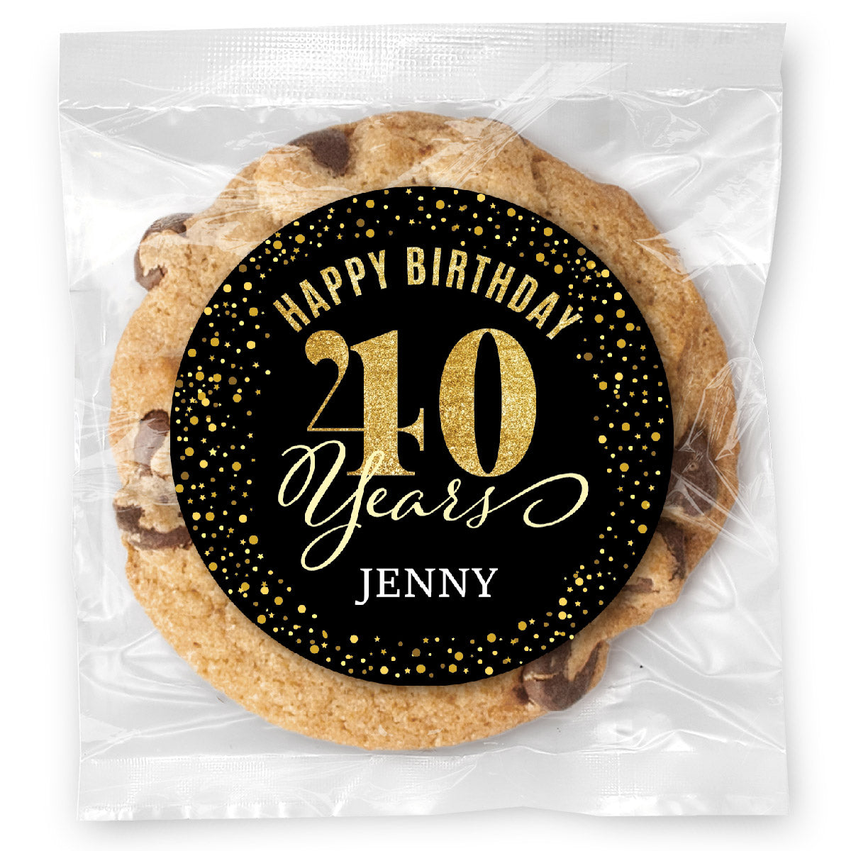 Happy Birthday Gold Age 40 (any age) - Gourmet Chocolate Chip Or Variety Pack W/ Full Color Personalized Sticker