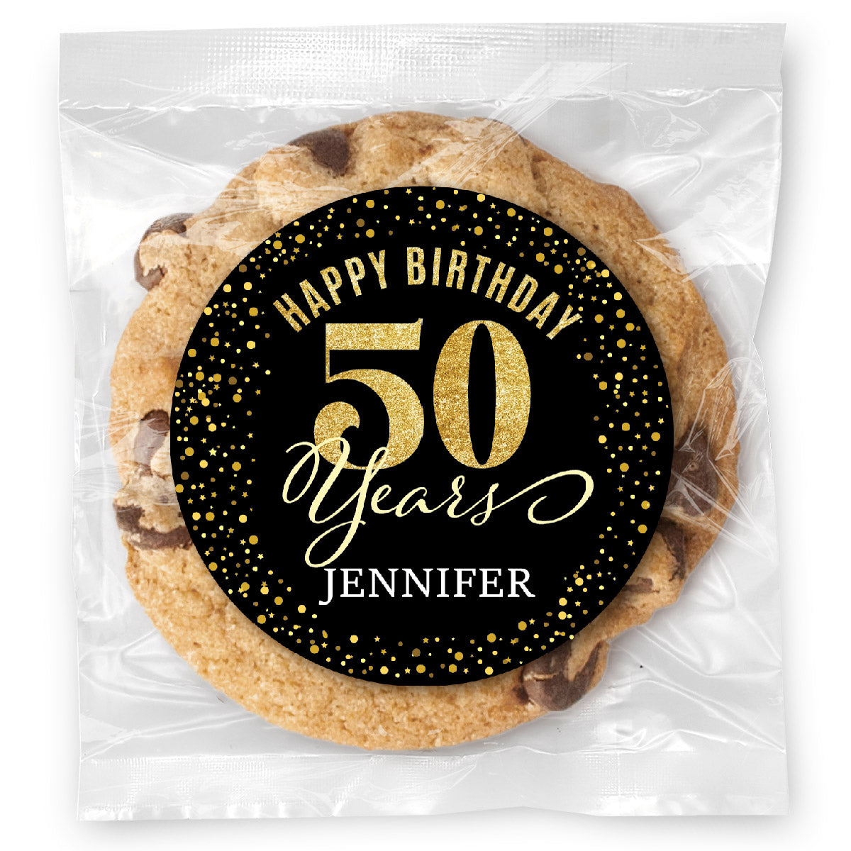 Happy Birthday Gold Age 50 (any age) - Gourmet Chocolate Chip Or Variety Pack W/ Full Color Personalized Sticker
