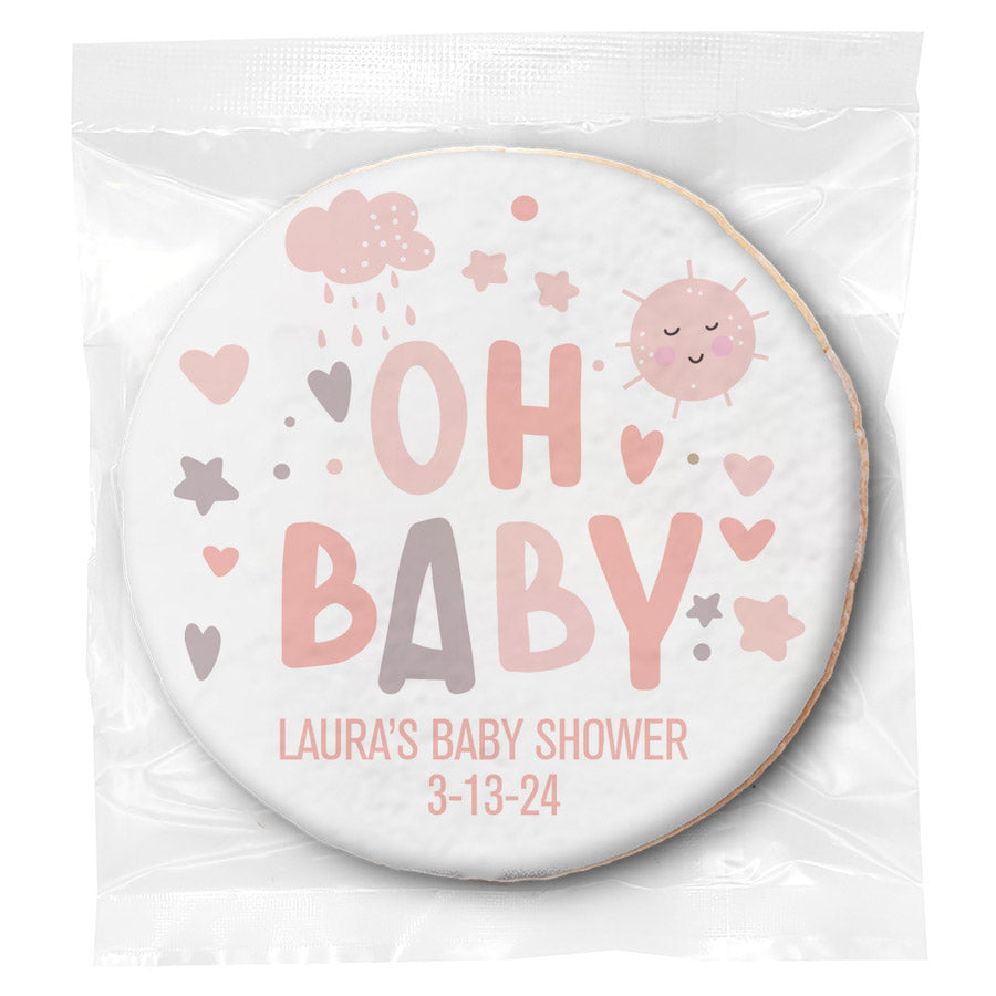 Personalized Baby Shower "Clouds And Sun Girl" - Direct Print on Round Sugar Cookies