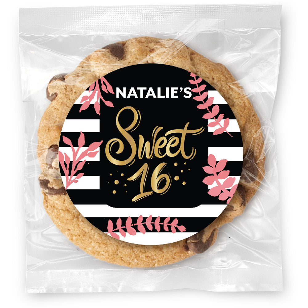 Sweet Sixteen Floral Stripes - Gourmet Chocolate Chip Or Variety Pack W/ Full Color Personalized Sticker