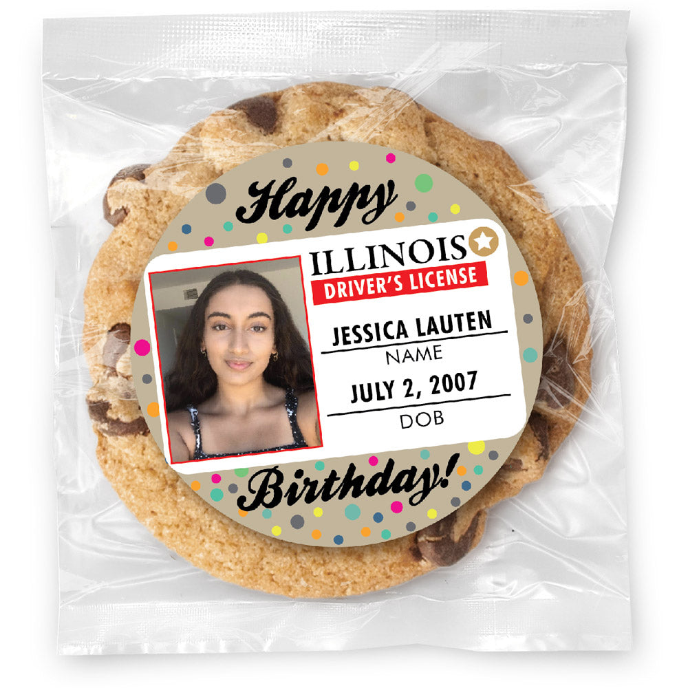Happy Birthday Drivers License - Gourmet Chocolate Chip Or Variety Pack W/ Full Color Personalized Sticker