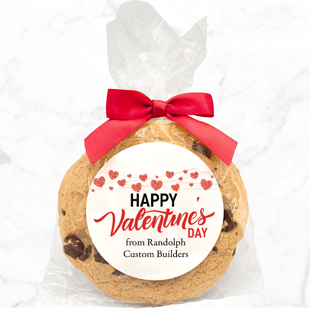 Happy Valentines Day Glitter Hearts - Gourmet Chocolate Chip Or Variety Pack W/ Full Color Personalized Sticker w/ Gift Bag & Matching Bow