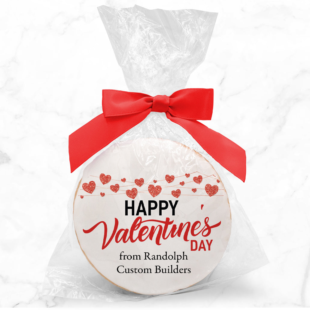 Happy Valentines Day Glitter Hearts - Personalized Direct Print On Round Sugar Cookie w/ Gift Bag & Matching Bow