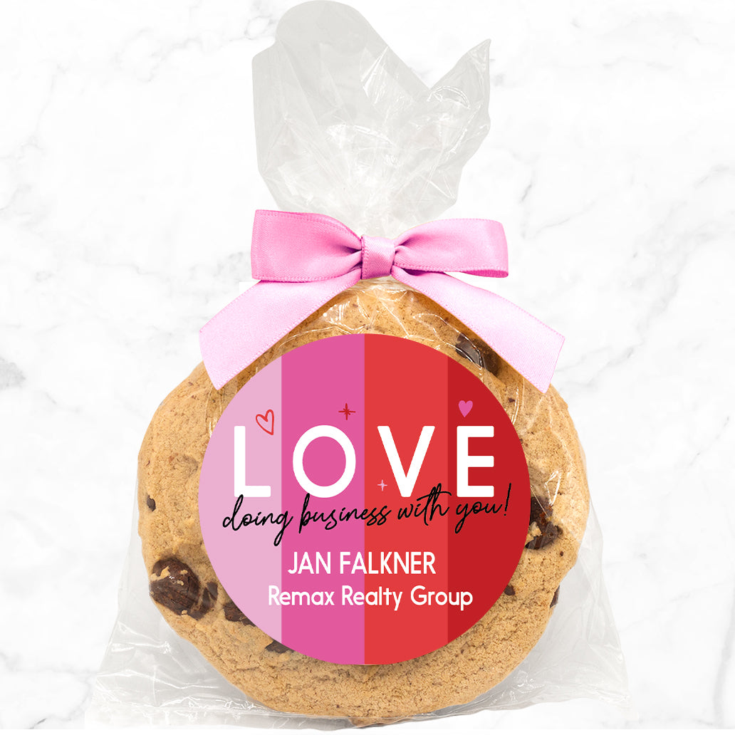 LOVE doing business with you - Gourmet Chocolate Chip Or Variety Pack W/ Full Color Personalized Sticker w/ Gift Bag & Matching Bow