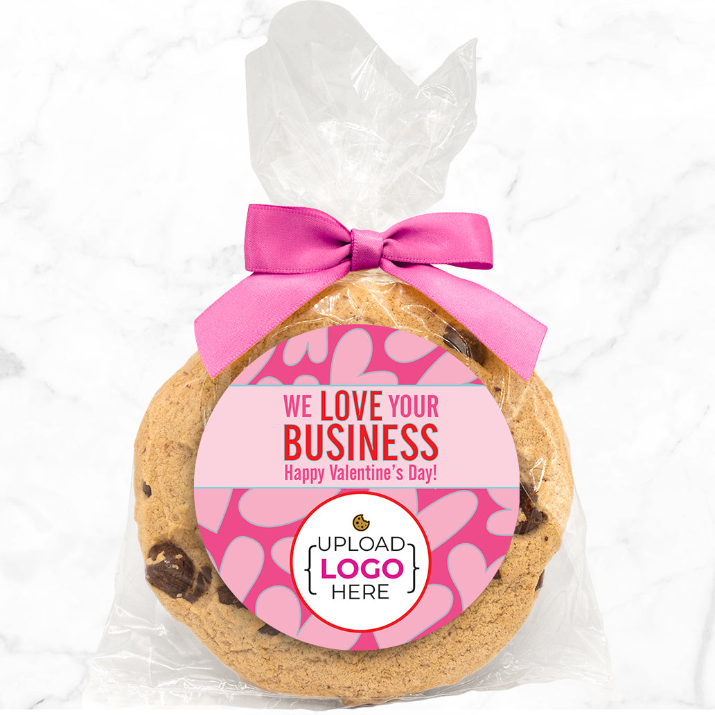 Valentine We Love doing Business with you Logo Upload - Gourmet Chocolate Chip Or Variety Pack W/ Full Color Personalized Sticker w/ Gift Bag & Matching Bow