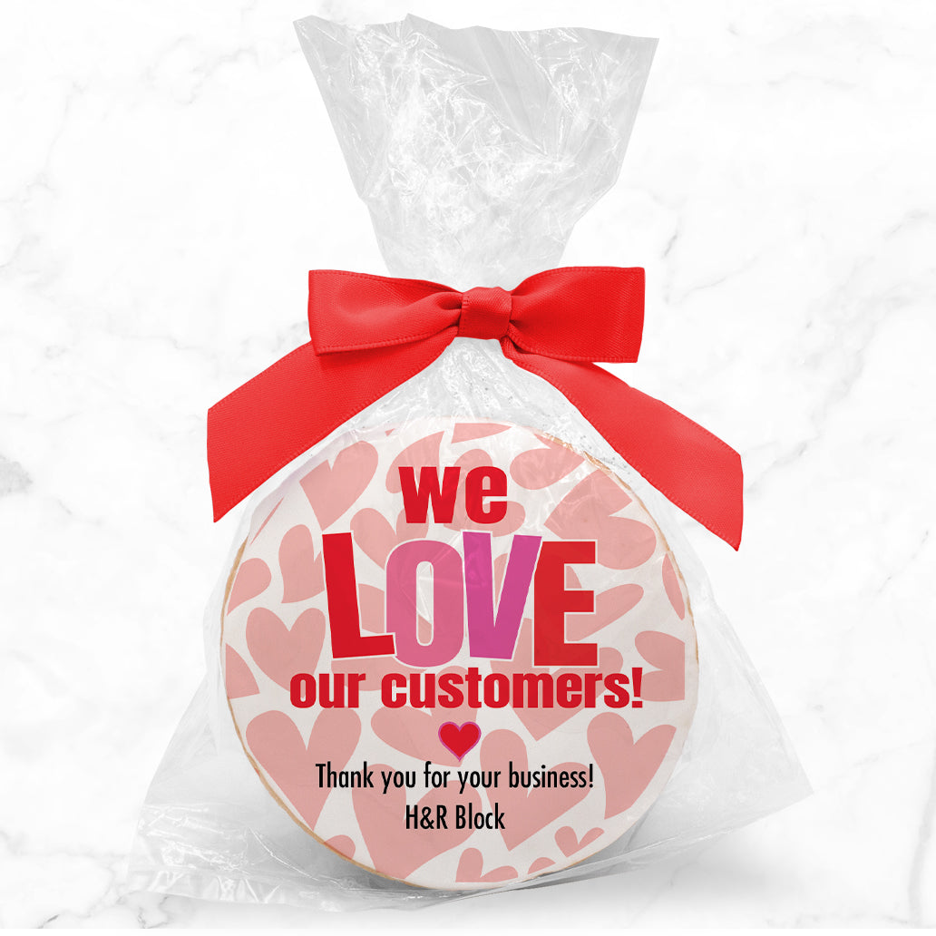 Valentine's We love our Customers - Personalized Direct Print On Round Sugar Cookie w/ Gift Bag & Matching Bow