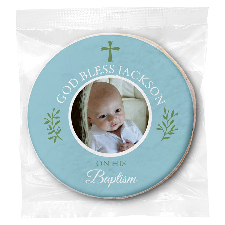 Baptism Simple Cross Photo - Blue - Personalized Direct Print On Round Sugar Cookie