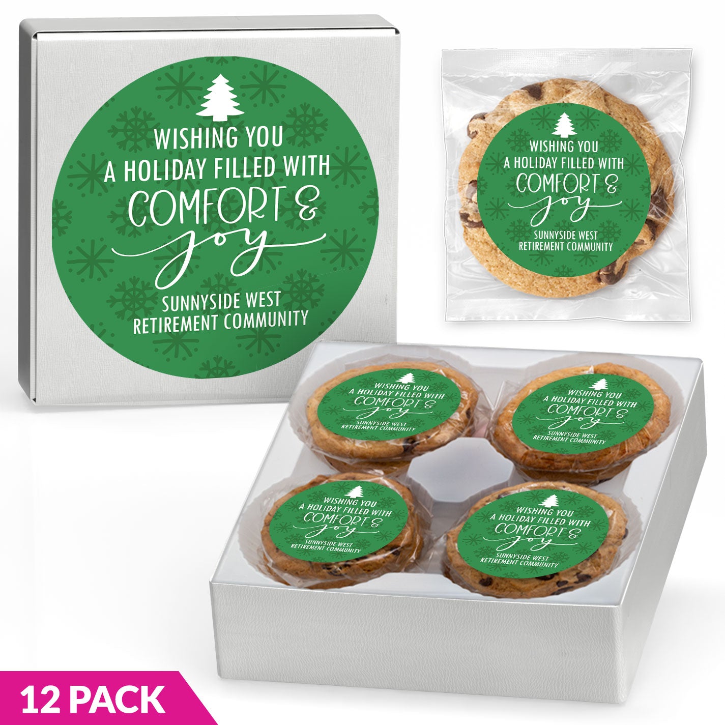 Comfort and Joy Snowflakes - Gourmet Chocolate Chip or Variety Pack w/ Full Color Personalized Sticker Gift Box