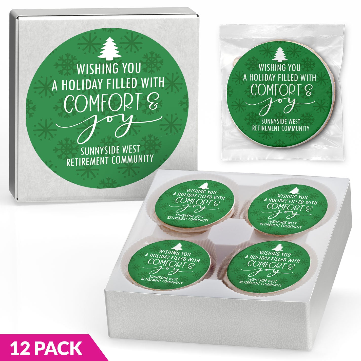 Comfort and Joy Snowflakes - Personalized Direct Print on Round Sugar Cookie Gift Box