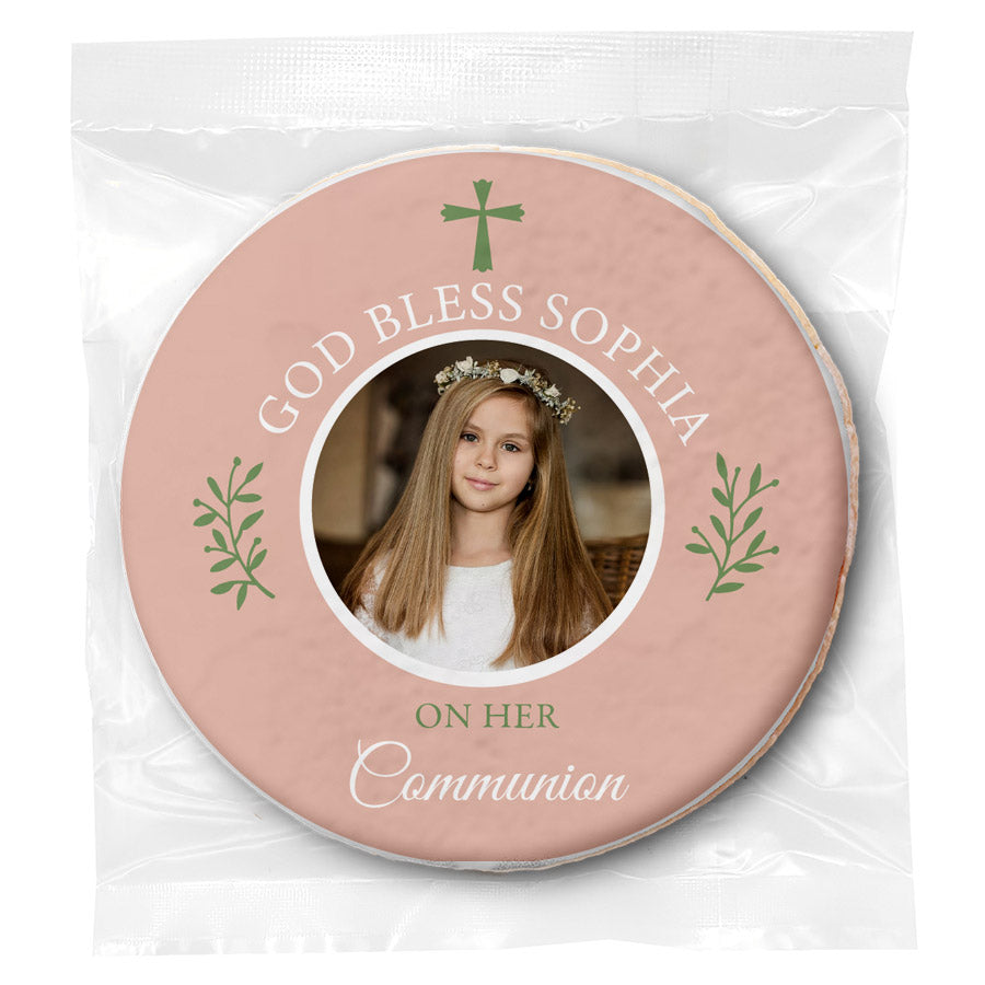 Communion Simple Cross Photo - Pink - Personalized Direct Print On Round Sugar Cookie