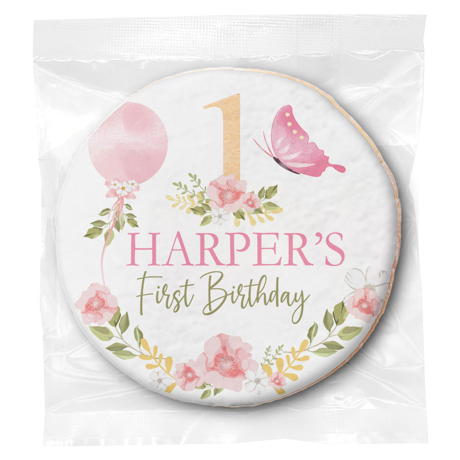 First Birthday Pretty Pink Florals - Personalized Direct Print On Round Sugar Cookie