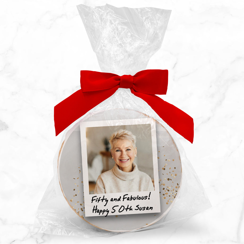Upload your own Photo - Birthday Polaroid & Caption - Personalized Direct Print On Round Sugar Cookie w/ Gift Bag & Matching Bow