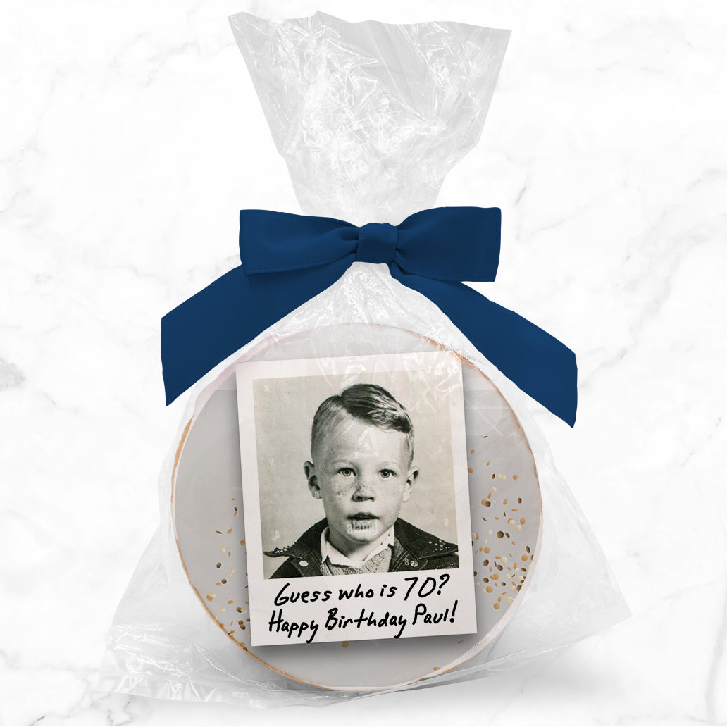 Upload your own Photo - Birthday Polaroid & Caption - Personalized Direct Print On Round Sugar Cookie w/ Gift Bag & Matching Bow
