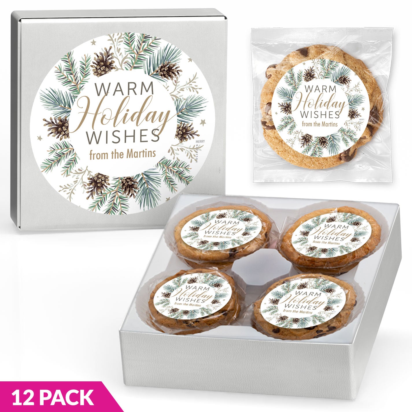 Warm Wishes Pine wreath - Gourmet Chocolate Chip or Variety Pack w/ Full Color Personalized Sticker Gift Box