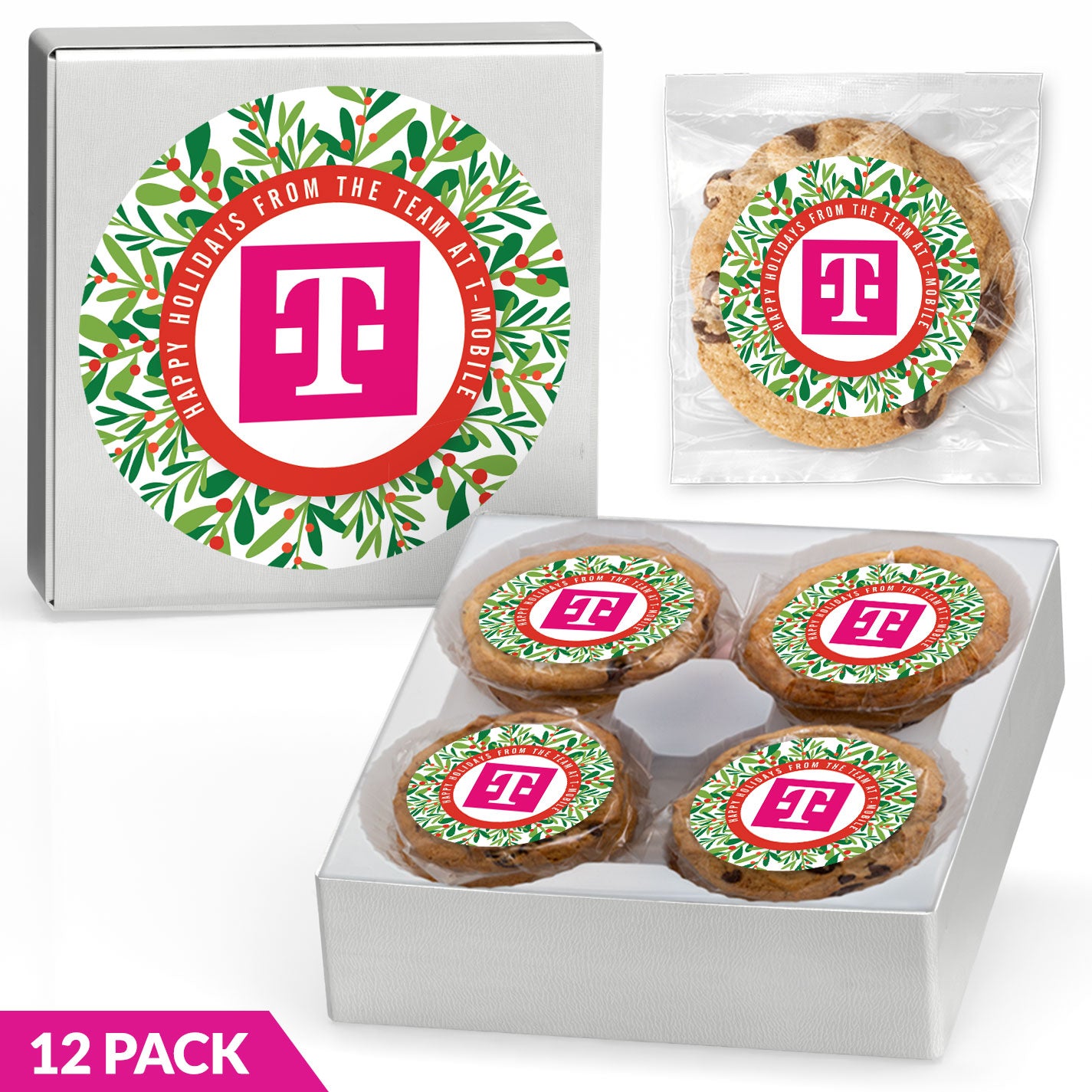 Wreath Logo Upload & Message - Gourmet Chocolate Chip or Variety Pack w/ Full Color Personalized Sticker Gift Box