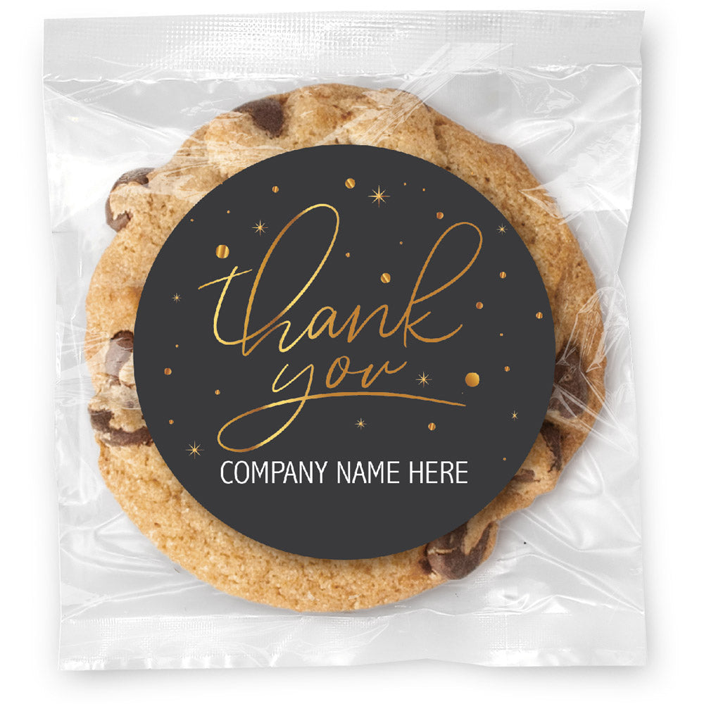 Gold Script Thank You - Large Heart - Gourmet Chocolate Chip Or Variety Pack W/ Full Color Personalized Sticker