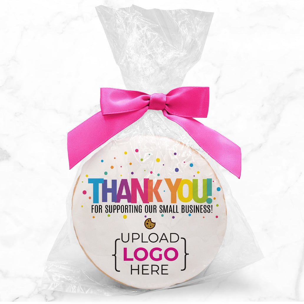 Colorful Thank You Logo Upload - Personalized Direct Print On Round Sugar Cookie w/ Gift Bag & Matching Bow